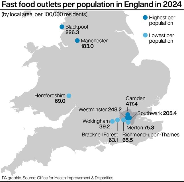 Fast food outlets per population in England in 2024 (PA Graphics)