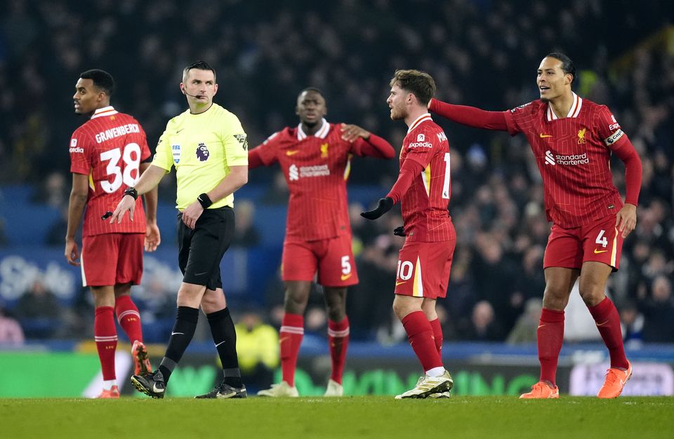 Michael Oliver was in the thick of the action in the final Merseyside derby at Goodison Park (Nick Potts/PA)