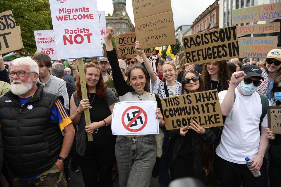 Anti-racism counter-protesters took to the streets in Belfast city centre on Friday (Mark Marlow/PA)