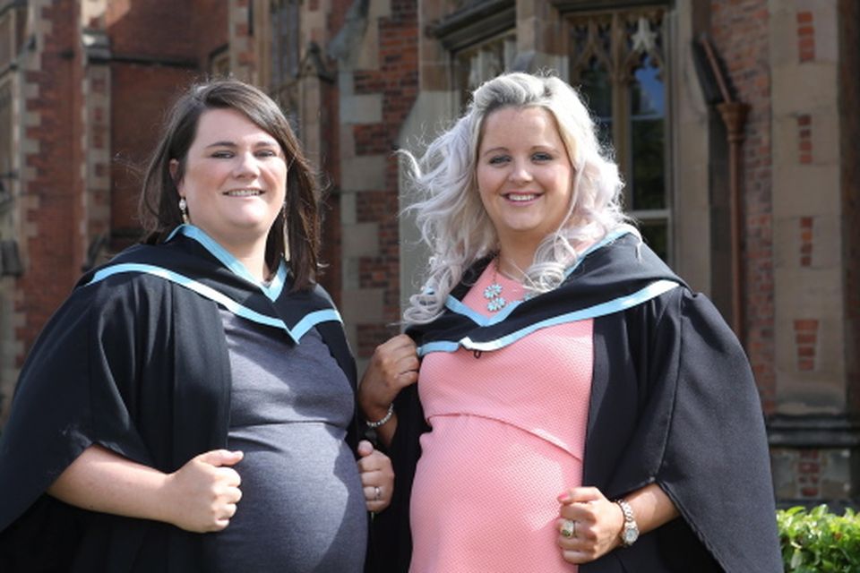 Nurses and mums to be - Queen's Adult Nursing graduates Victoria Bradley from Bangor and Christine Devlin could be celbrating more than their graduation together, as both ladies have been given a due date for their babies of 30th of August. Both ladies are also attending the Ulster Hospital. Photo/Paul McErlane