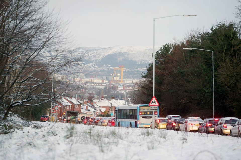 Rush hour traffic on the Ballygowan Road in east Belfast after snow fell across Northern Ireland overnight.  - 17th January 2018