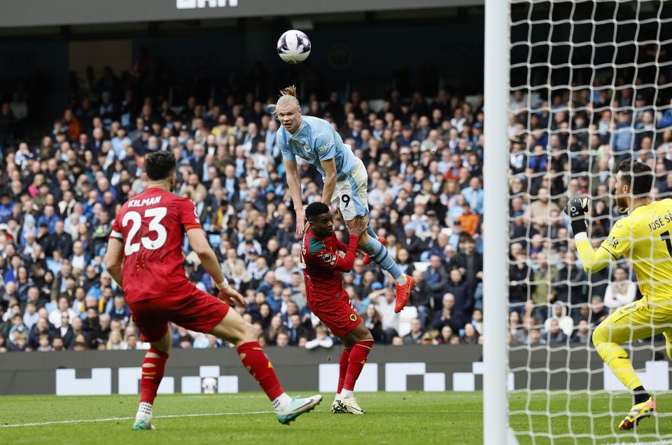 Erling Haaland’s towering header made it 2-0 to Manchester City (Richard Sellers/PA)