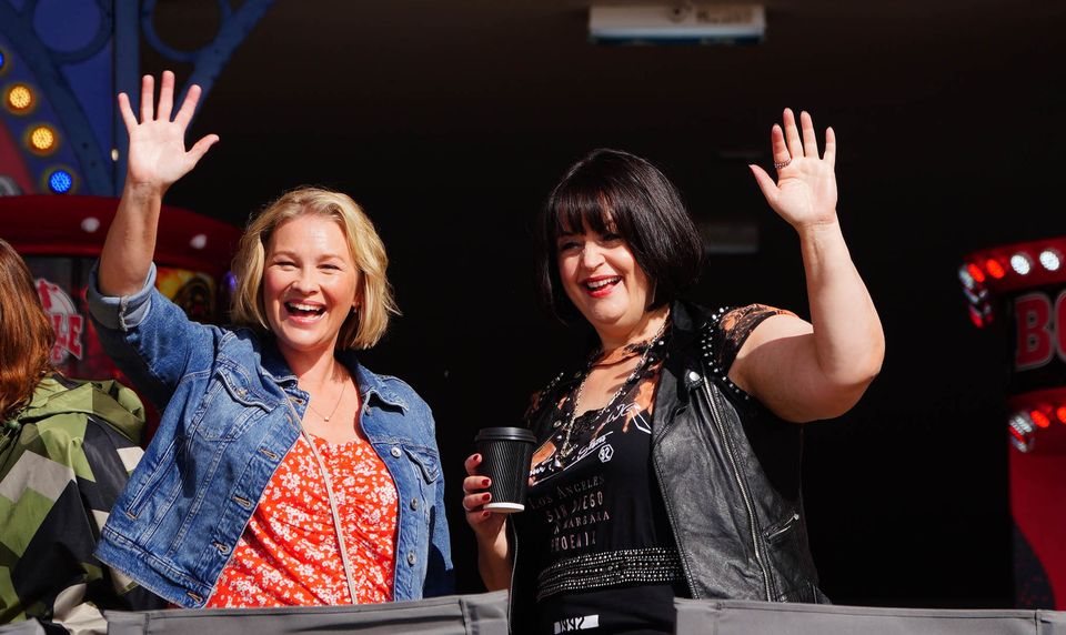 Joanna Page, who plays Stacey Shipman (left) and Ruth Jones, who plays Nessa Jenkins (right) during filming for the Gavin and Stacey Christmas Day special (Ben Birchall/PA)