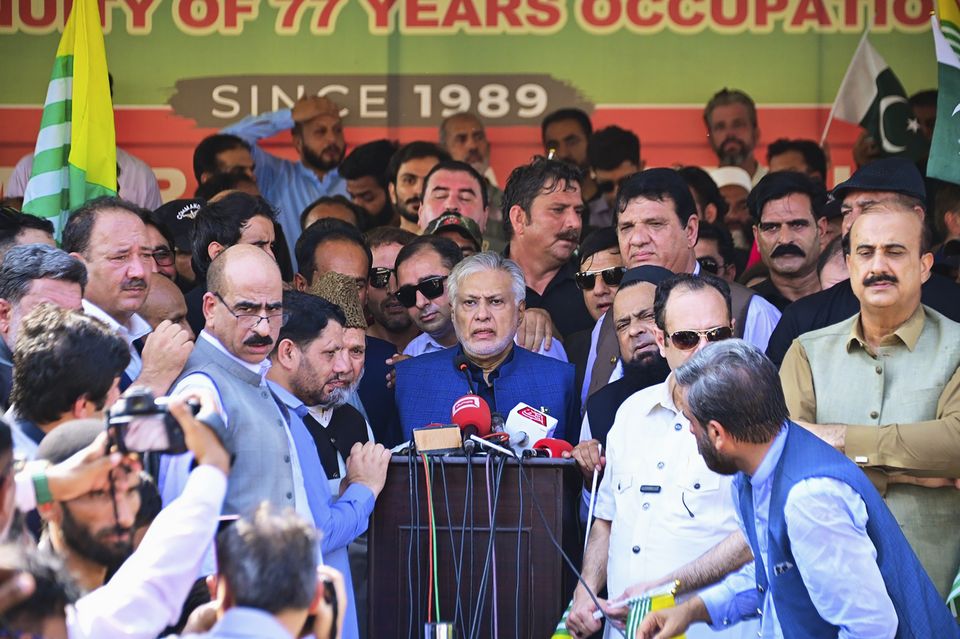 Deputy Prime Minister Ishaq Dar addressed crowds (Pakistan Foreign Ministry via AP)