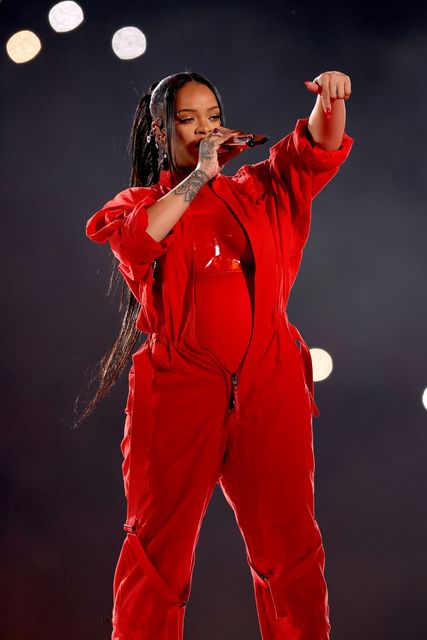 Rihanna performs onstage during the Super Bowl LVII Halftime 2023 wearing JW Anderson. Photo: Gregory Shamus/Getty Images