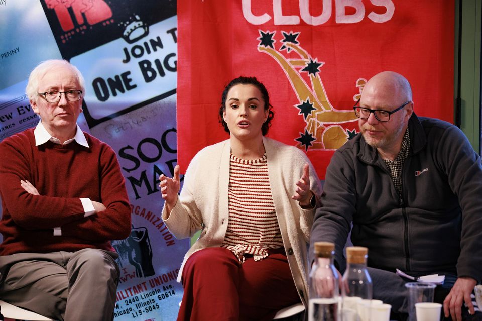 Padraig Mannion, Gemma Weir, and Scott Millar during a panel discussion at the launch of the Republican Clubs group at Áras Uí Chonghaile (James Connolly Visitor Centre).