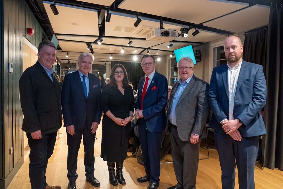 (L-R): Richard Williams, Chief Executive of Northern Ireland Screen; Dr Len O'Hagan, Senior Pro-Chancellor and Chair of Senate at Queen's; Deborah Colville, Director of the UK Digital Twin Centre, delivered by Digital Catapult, and Honorary Professor of Practice at Queen’s; Professor Sir Ian Greer, President and Vice-Chancellor of Queen's; Professor Michael Alcorn, Director of the MediaLab at Queen's; and Donal Phillips, Business Development Manager for the Creative Industries at Queen's. 