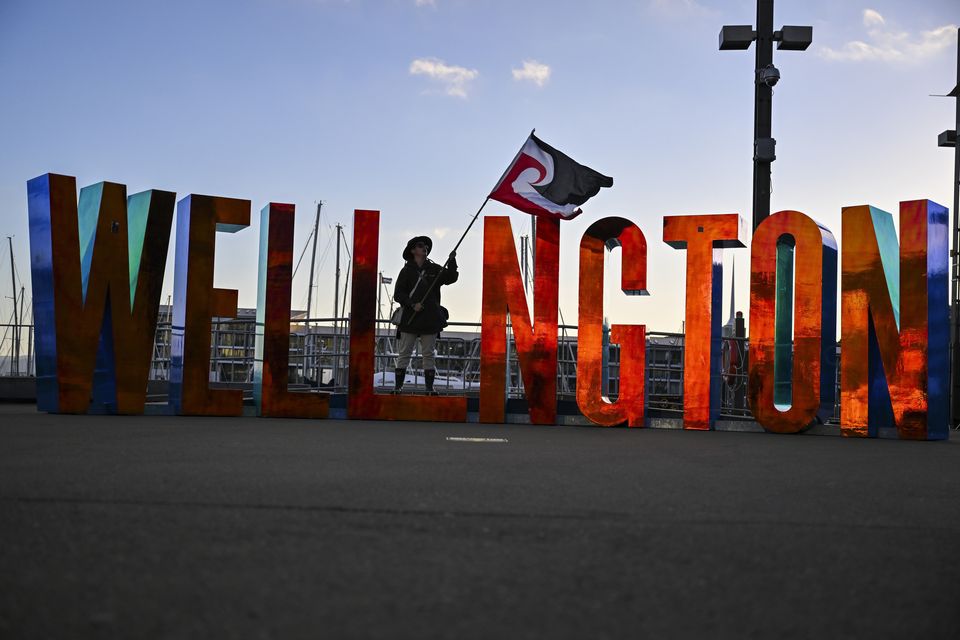 Maori protester Jordan Tibble waves a sovereignty flag as he prepares to march (Mark Tantrum/AP)