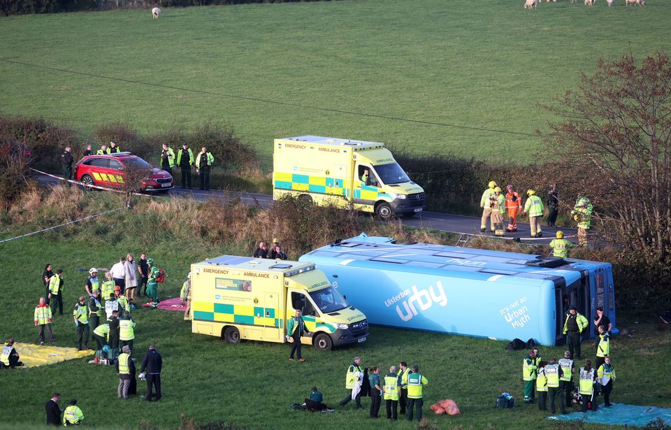 General view of the scene after a double-decker school bus carrying more than 60 passengers has crashed in Co Down.
Photo by Jonathan Porter / Press Eye