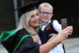 thumbnail: Joanne Mercer Celebrates her Degree in Adult Nursing with a selfie with son Hudson (5) at the Ulster University Winter Graduations at the Universitys Coleraine campus. Picture John Murphy Aurora PA