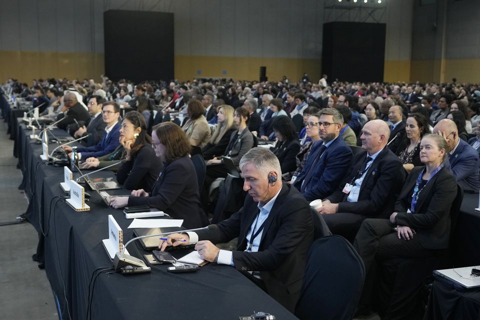 Delegates attend a plenary of the fifth session of the Intergovernmental Negotiating Committee on Plastic Pollution in Busan, South Korea (AP Photo/Ahn Young-joon)