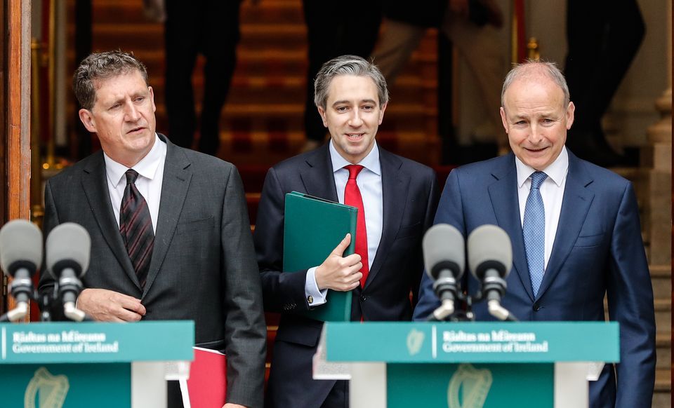 Minister Eamon Ryan (left), Taoiseach Simon Harris (centre) and Tanaiste Micheal Martin have all played down the prospect of an early general election (Damien Storan/PA)