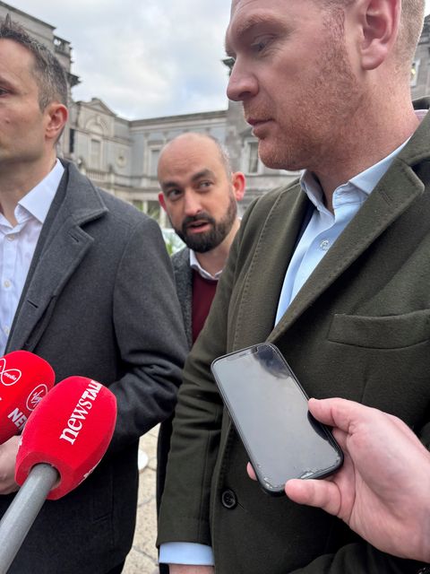 Eoin Hayes (middle) with Social Democrats deputy leader Cian O’Callaghan (left) and Dublin Central TD Gary Gannon (right) at Leinster House on Tuesday (Cate McCurry/PA)