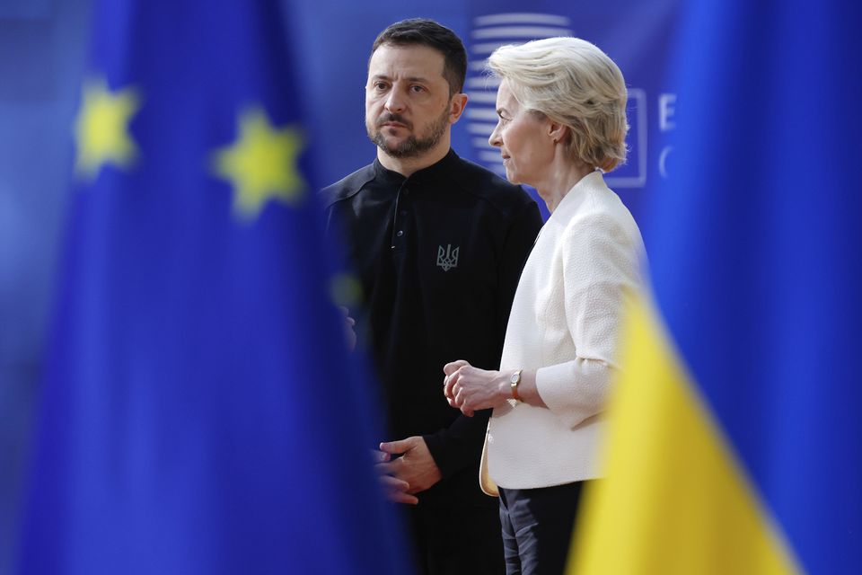 European Commission president Ursula von der Leyen,speaks to Volodymyr Zelensky (Omar Havana/AP)