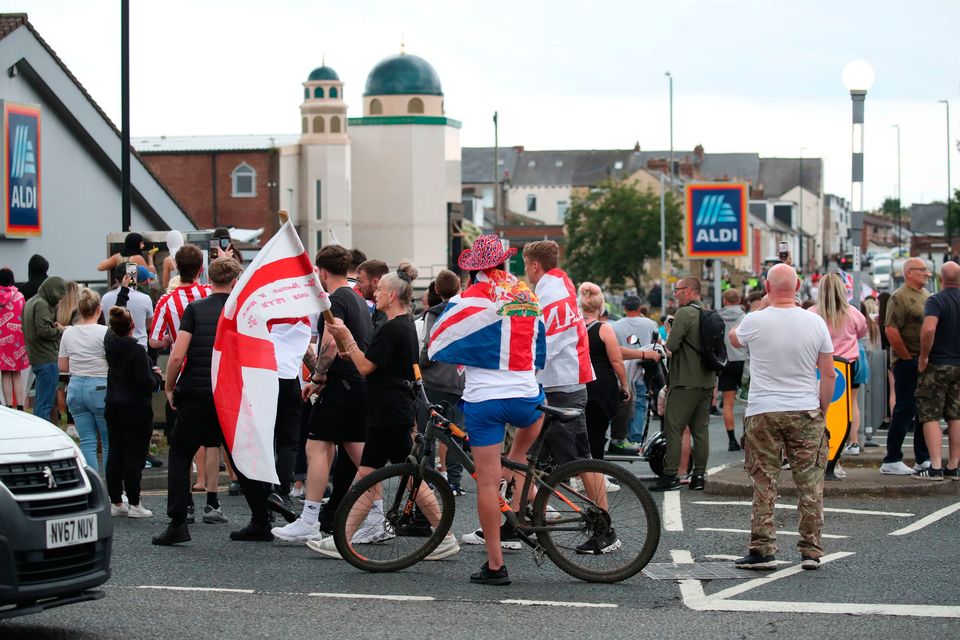 People protest in Sunderland city centre following the stabbing attacks on Monday in Southport,