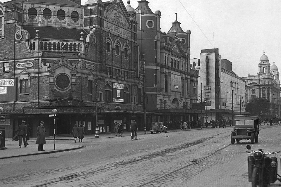Grand Opera House, The Hippodrome (Odeon), and The Ritz (ABC). In the foreground is a motorcycle and sidecar and a jeep.  5/10/1942
BELFAST TELEGRAPH COLLECTION/NMNI