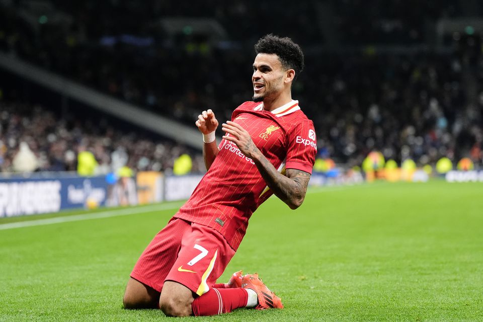 Luis Diaz celebrates scoring Liverpool’s sixth goal (Adam Davy/PA)