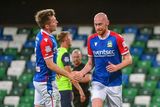 thumbnail: Chris Shields after scoring Linfield's fourth from the penalty spot