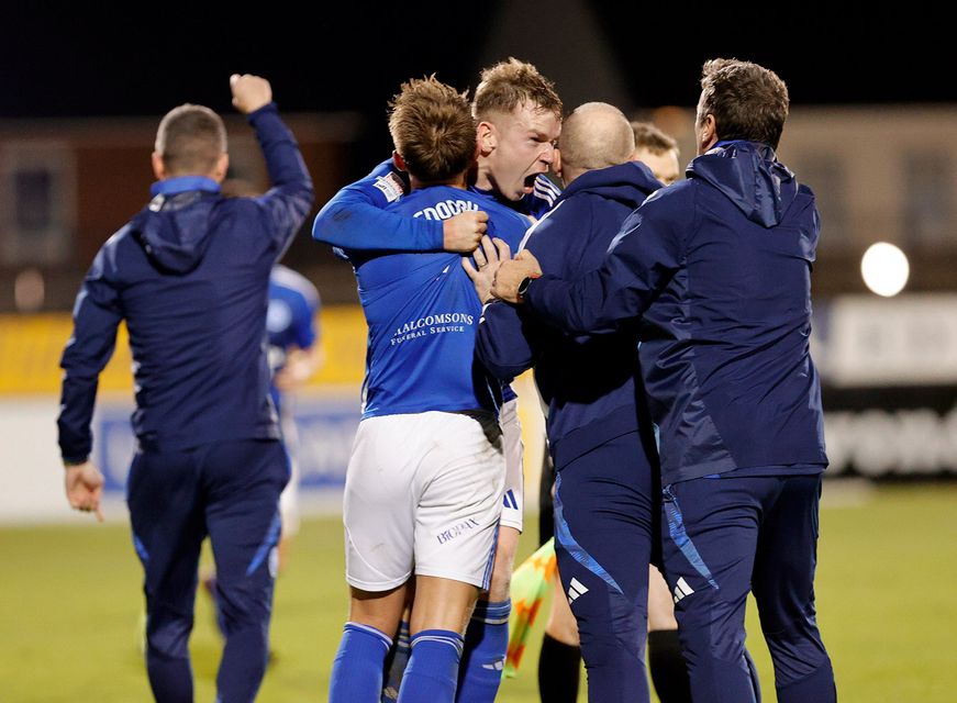 Glenavon's Matthew Snoddy celebrates his goal with manager Paddy McLaughlin  