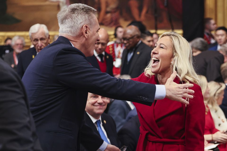 Former speaker Kevin McCarthy greets Marjorie Taylor Greene (Chip Somodevilla/Pool Photo via AP)