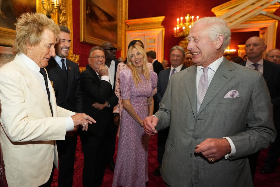 Sir Rod Stewart, David Beckham and Sienna Miller with the King at the King’s Foundation charity’s inaugural awards in 2024 (Kirsty Wigglesworth/PA)