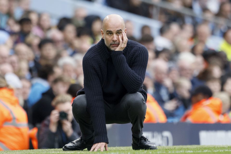 Manchester City manager Pep Guardiola reacts on the touchline during the Premier League match at the Etihad Stadium, Manchester. Picture date: Saturday May 4, 2024.