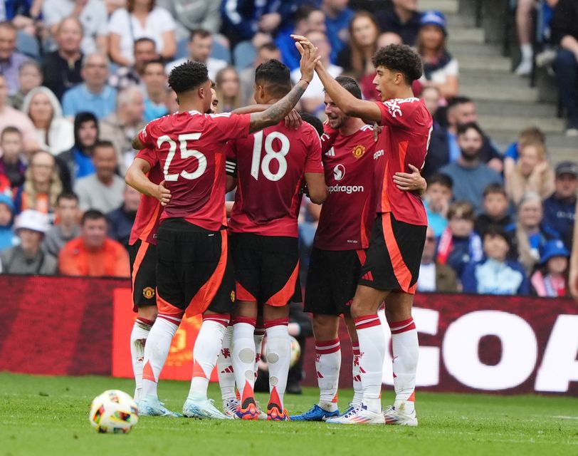 United celebrate Amad Diallo’s goal at Murrayfield (Andrew Milligan/PA)