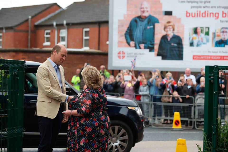 The Prince of Wales is greeted by Dame Fionnuala Mary Jay-O'Boyle ahead of 
a visit to the East Belfast Mission at the Skainos Centre, Belfast, as part of his tour of the UK to launch a project aimed at ending homelessness. Picture date: Tuesday June 27, 2023. PA Photo. William has set his sights on making rough sleeping, sofa surfing and other forms of temporary accommodation a thing of the past with his initiative called Homewards. The five-year project will initially focus on six locations, to be announced during Monday and Tuesday, where local businesses, organisations and individuals will be encouraged to join forces and develop "bespoke" action plans to tackle homelessness with up to £500,000 in funding. See PA story ROYAL Homeless. Photo credit should read: Liam McBurney/PA Wire