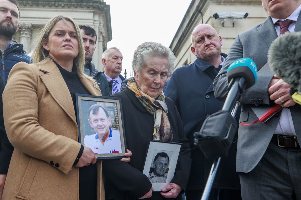 The family of Sean Brown including daughter Clare Loughran, widow Bridie Brown and son Sean Brown, outside the Royal Courts of Justice, Belfast, in March (Liam McBurney/PA)