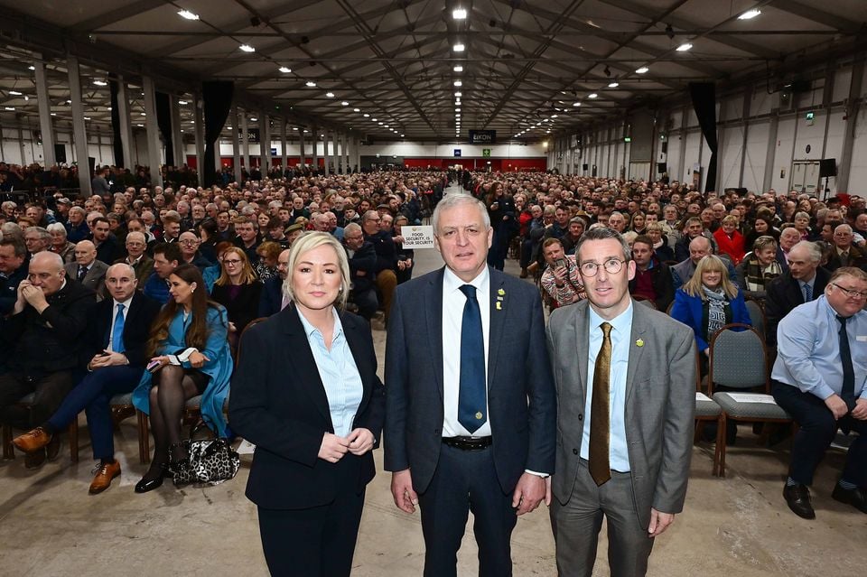 First Minister Michelle O’Neill, William Irvine and Agriculture Minister Andrew Muir at an event last November supporting local farmers (Arthur Allison/Pacemaker Press)