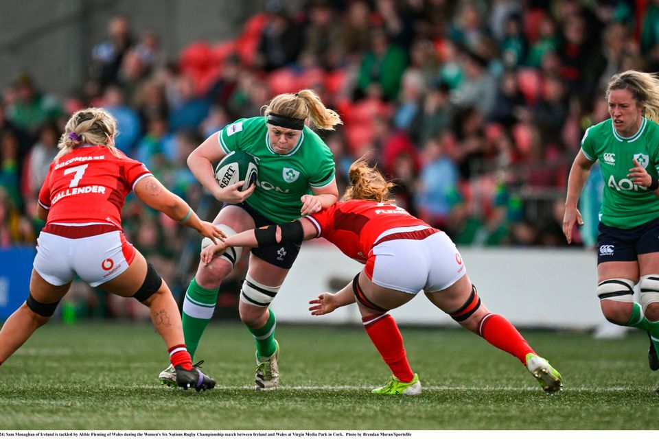 Ireland's Sam Monaghan is tackled by Wales' Abbie Fleming during the Women's Six Nations match in Cork last week. Photo: Brendan Moran/Sportsfile
