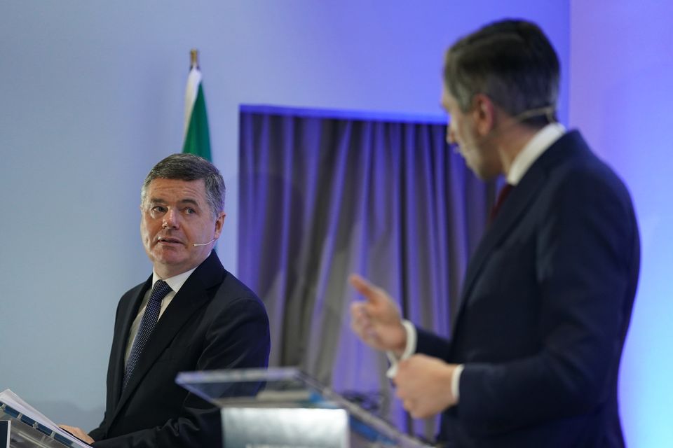 Paschal Donohoe (left) and Taoiseach Simon Harris during Fine Gael’s General Election manifesto launch (Brian Lawless/PA)