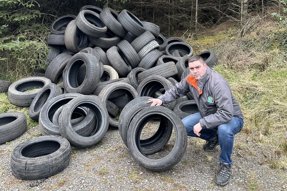 Cllr Alan Lewis with the dumped care tyres at Drumkeeragh