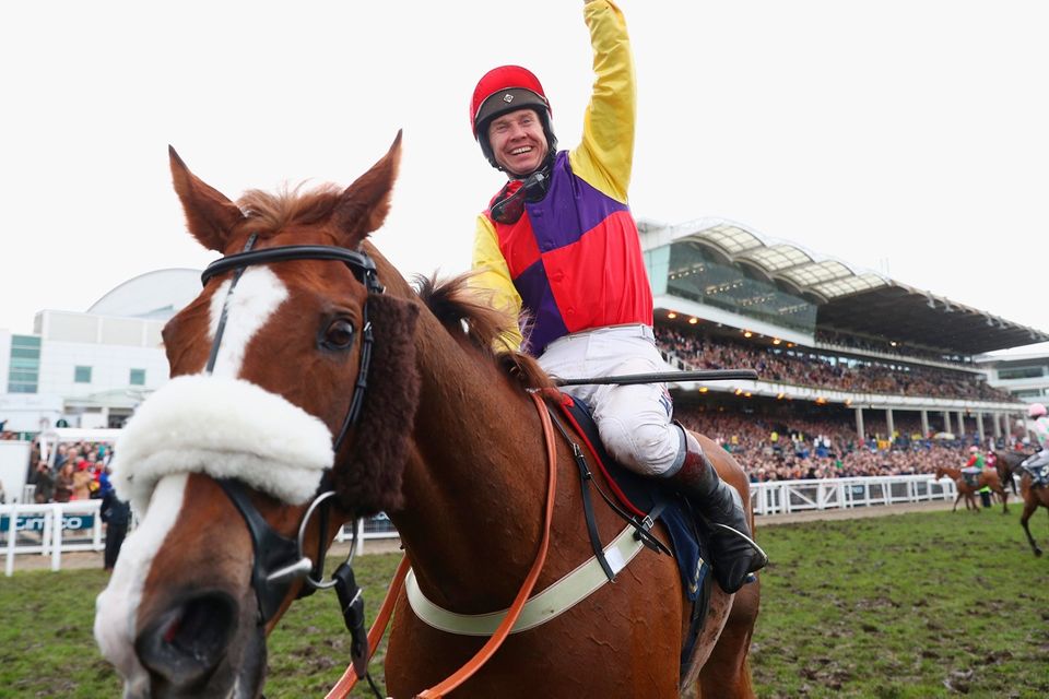 Richard Johnson on Native River celebrates after winning the Timico Cheltenham Gold Cup Chase.