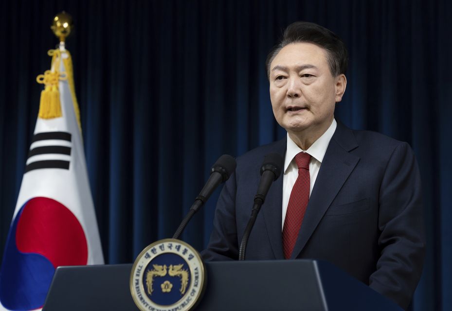 South Korean President Yoon Suk Yeol speaks at the presidential office (South Korean Presidential Office/Yonhap via AP)