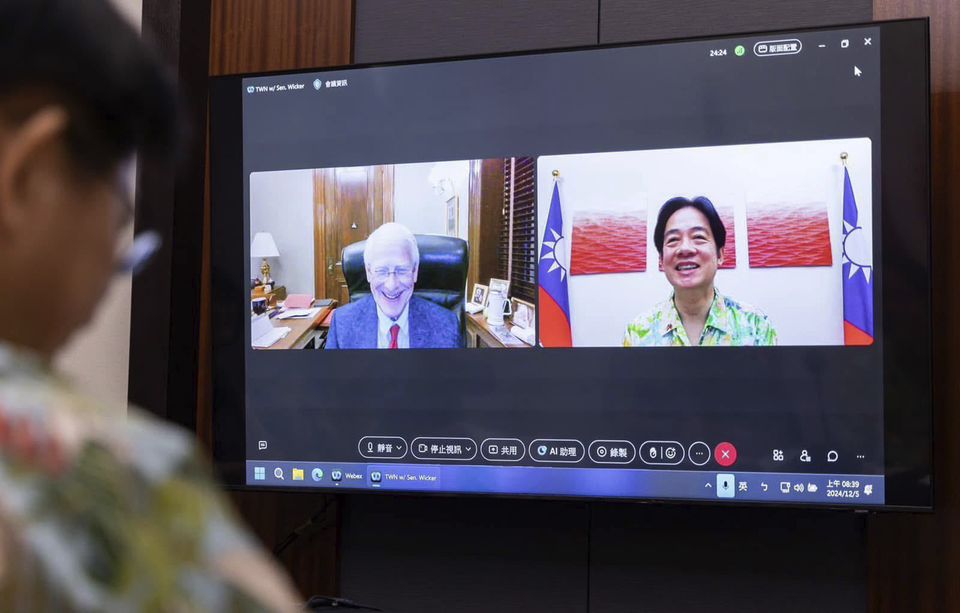 Taiwan’s President Lai Ching-te is seen on screen during a video call with US Senator Roger Wicker, the top Republican on the Senate Armed Services Committee (Taiwan Presidential Office via AP)