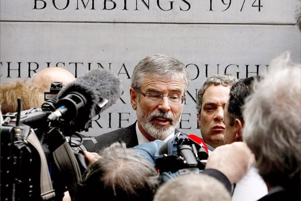 Sinn Fein President Gerry Adams speaks to the media in front of the Dublin Monaghan Bombings memorial in Dublin city centre, in response to the royal visit by Queen Elizabeth