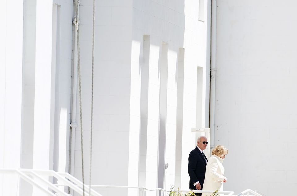 US President Joe Biden walks with Sabina Higgins at Aras an Uachtarain, in Phoenix Park, Dublin, on day three of his visit to the island of Ireland (Brian Lawless/PA)