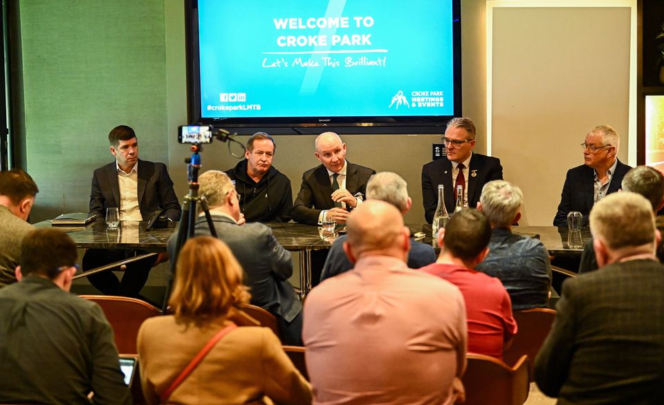 GAA Football Review Committee chairperson Jim Gavin, centre, alongside Éamonn Fitzmaurice, Colm Collins, Jarlath Burns and Michael Meaney at GAA Special Congress last weekend. Photo: Piaras Ó Mídheach/Sportsfile