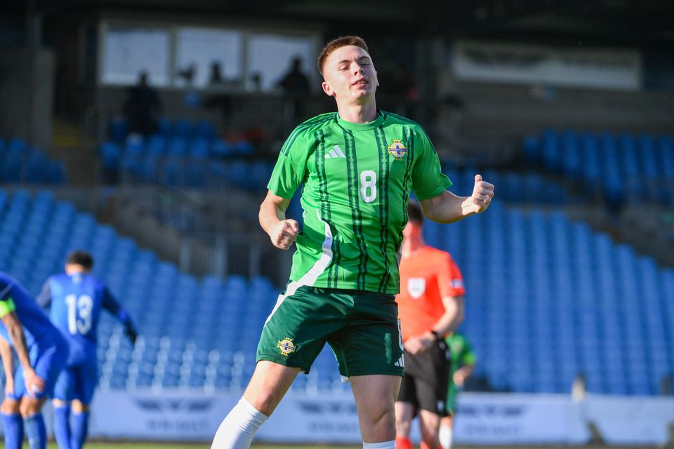 Northern Ireland Under-21 midfielder Patrick Kelly celebrates scoring against Azerbaijan