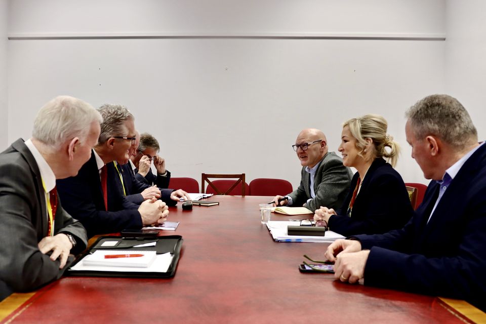 A Sinn Fein delegation including vice president Michelle O’Neill meets with GAA president Jarlath Burns at Parliament Buildings at Stormont on Tuesday (Sinn Fein/PA)