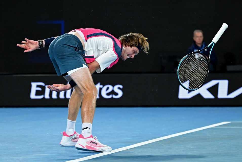 Russia's Andrey Rublev throws his racquet during his first round defeat to Brazil's Joao Fonseca. Photo: Reuters/Jaimi Joy