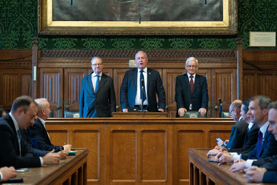 Bob Blackman, chairman of the 1922 Committee, (centre) announces the results of the ballot in the fourth round in the Conservative Party leadership contest (Stefan Rousseau/PA)