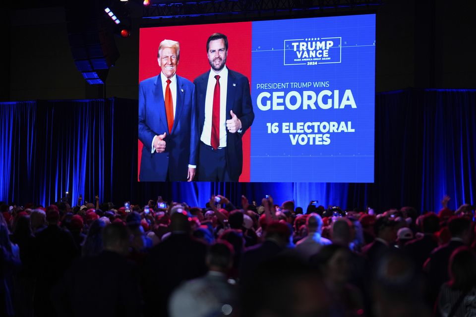 Supporters watch election results at an election night campaign watch party for Donald Trump in West Palm Beach, Forida (Alex Brandon/AP)