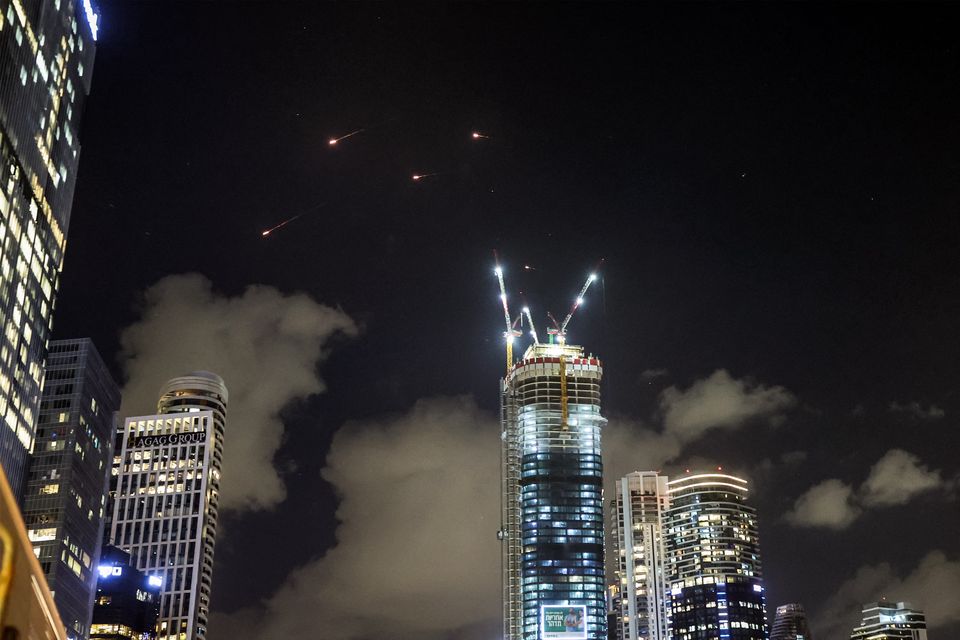 Projectiles being intercepted by Israel above Tel Aviv on Tuesday. Pic: Getty