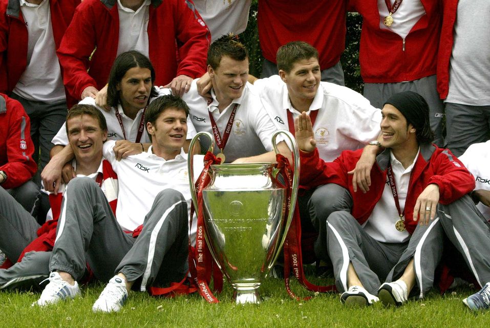 Xabi Alonso, third from left, helped Liverpool win the Champions League in 2005 (Phil Noble/PA)