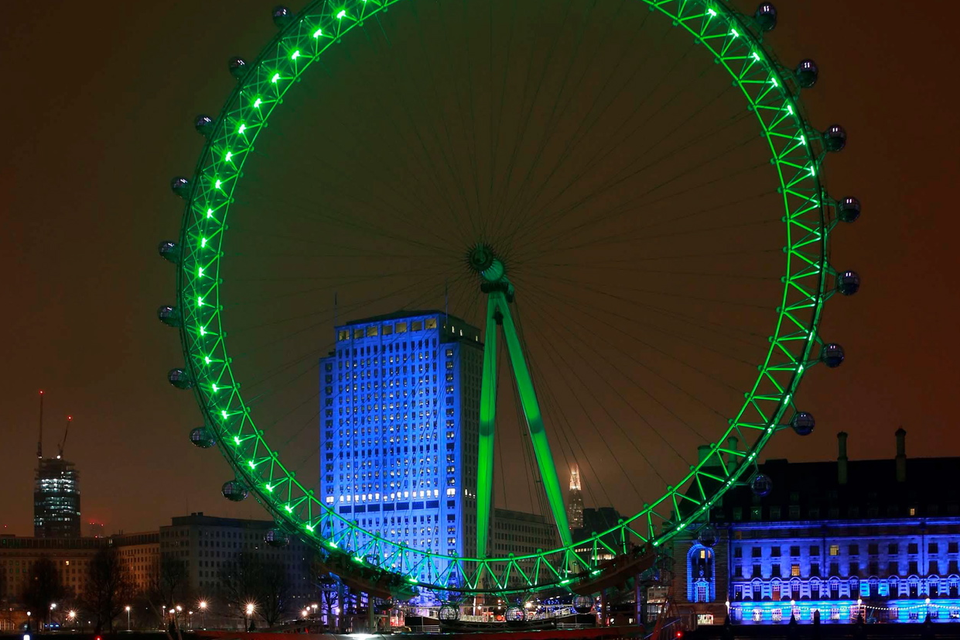 Coca-Cola London Eye on London's South Bank is lit green by Tourism Ireland to celebrate St Patrick's Day, which is on Tuesday 17th March.
