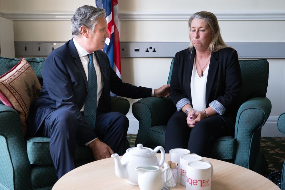 Sir Keir Starmer speaks with Cheryl Korbel, the mother of Olivia Pratt-Korbel (Stefan Rousseau/PA)