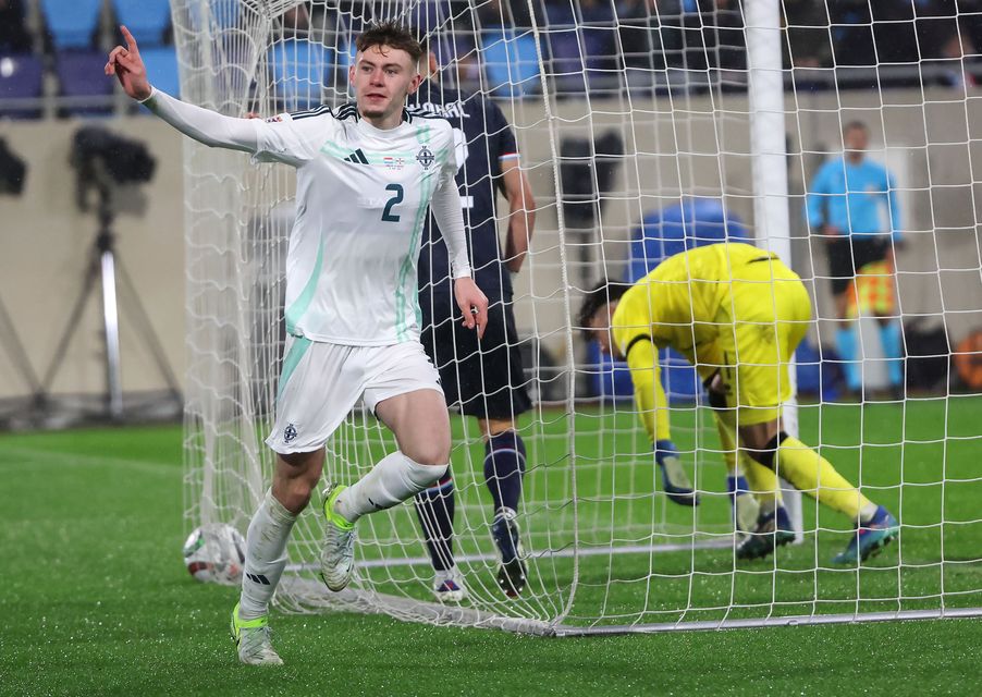 Northern Ireland’s Conor Bradley celebrates scoring against Luxembourg during Monday night’s UEFA Nations League game 