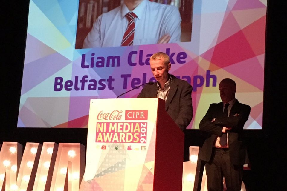 Belfast Telegraph Deputy Editor Jonathan McCambridge gave a touching tribute to Political Editor Liam Clarke who was honoured posthumously with a Lifetime Achievement Award.